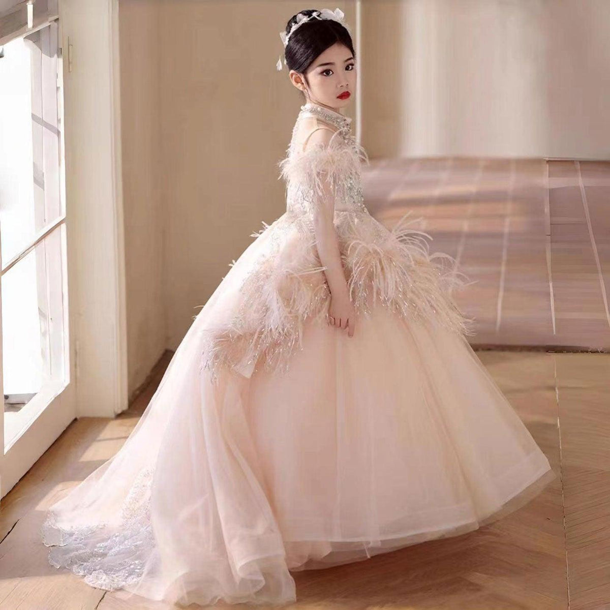 Jill Wish Luxury Pink Dubai Girl Dress Beaded Feathers Arabic Princess J138