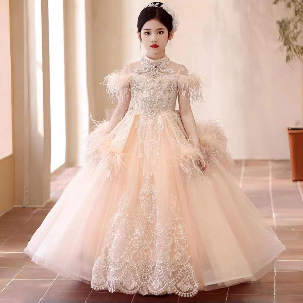 Luxury Pink Dubai Girl Dress Beaded Feathers Arabic Princess J138 Jill Wish Luxury Pink Dubai Girl Dress Beaded Feathers Arabic Princess J138 Jill Wish