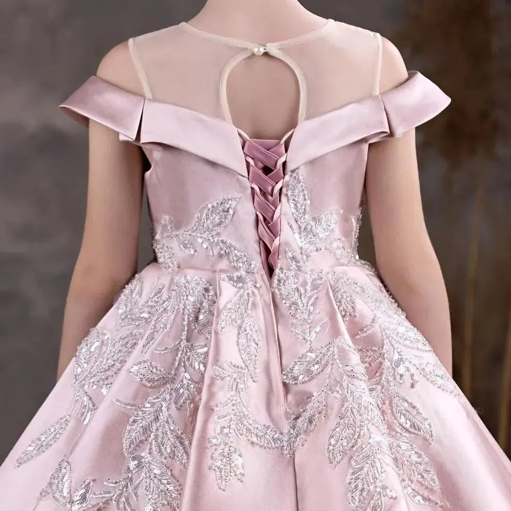 Jill Wish Luxury Pink Flower Girl Dress Appliques Sequined Princess Ball Gown J129