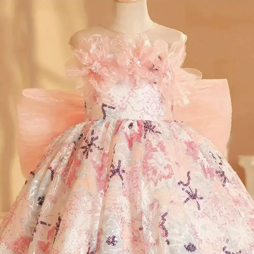 Jill Wish Luxury Pink Flower Girl Dress Beads Arabic Princess Bow Kids J247