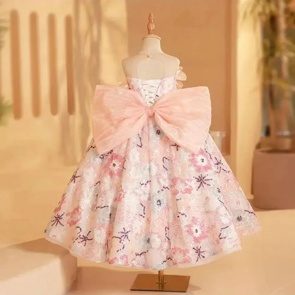 Jill Wish Luxury Pink Flower Girl Dress Beads Arabic Princess Bow Kids J247