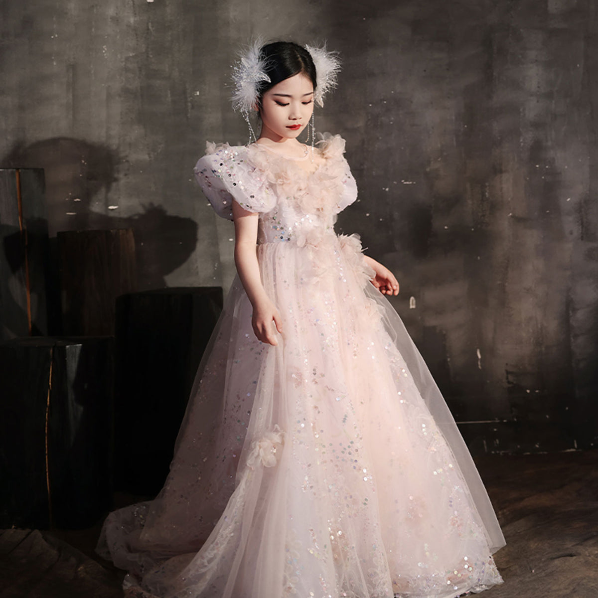 Jill Wish Luxury Pink Girl Bridesmaides Dresses with Flowers J234