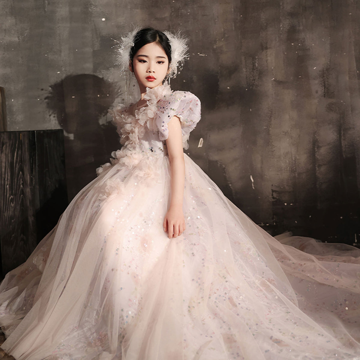 Jill Wish Luxury Pink Girl Bridesmaides Dresses with Flowers J234