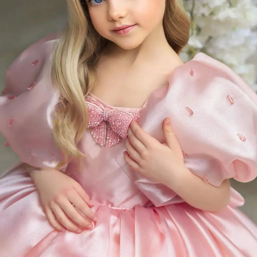 Jill Wish Luxury Pink Girl Dress Beaded Puffy Sleeve Bow Dubai Princess J374