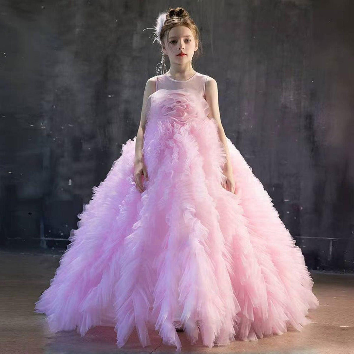 Jill Wish Luxury Pink Girl Dress Handmade Flowers Kids Princess J039