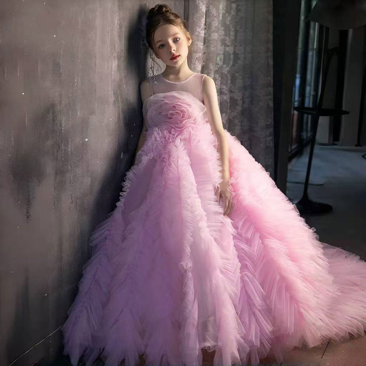 Jill Wish Luxury Pink Girl Dress Handmade Flowers Kids Princess J039