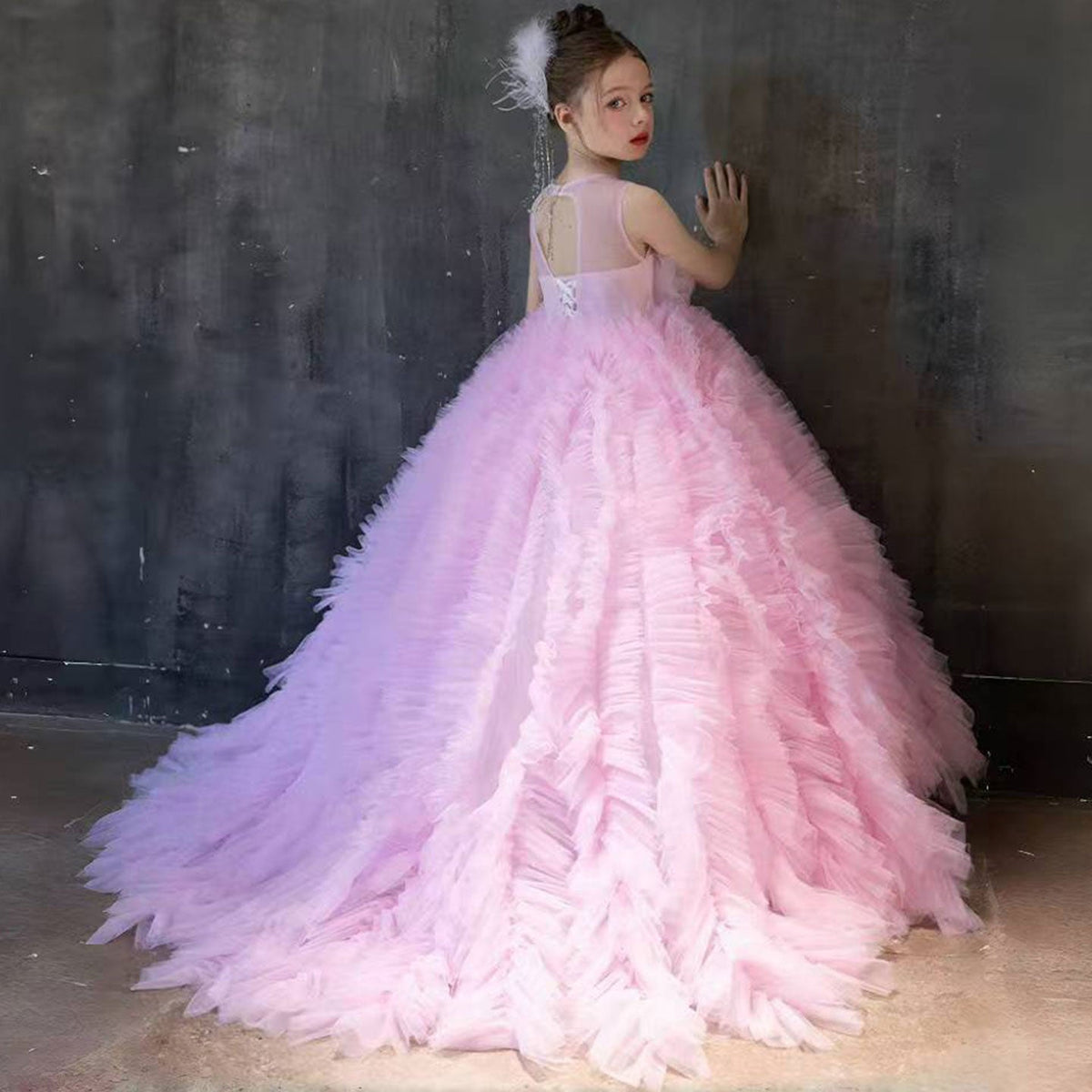 Jill Wish Luxury Pink Girl Dress Handmade Flowers Kids Princess J039