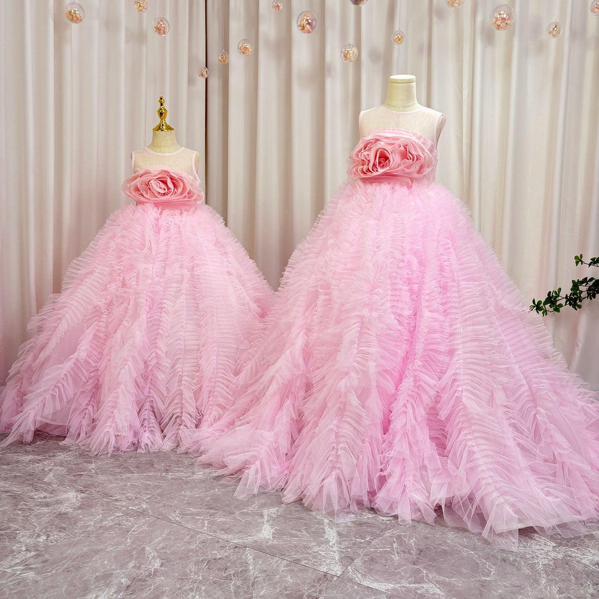 Jill Wish Luxury Pink Girl Dress Handmade Flowers Kids Princess J039
