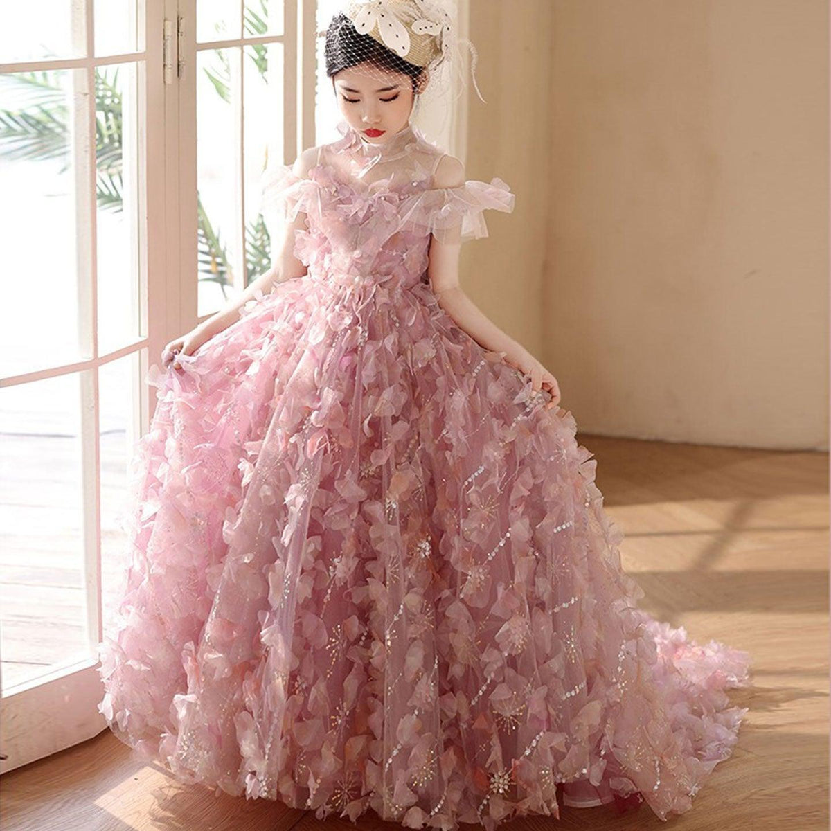 Jill Wish Luxury Pink Girl Dress with Flowers Kids Princess Birthday J094