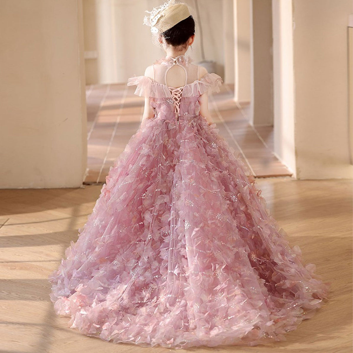 Jill Wish Luxury Pink Girl Dress with Flowers Kids Princess Birthday J094