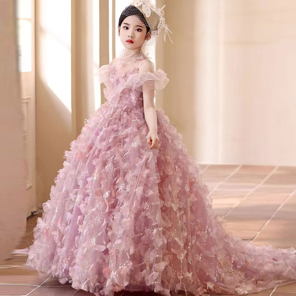 Jill Wish Luxury Pink Girl Dress with Flowers Kids Princess Birthday J094
