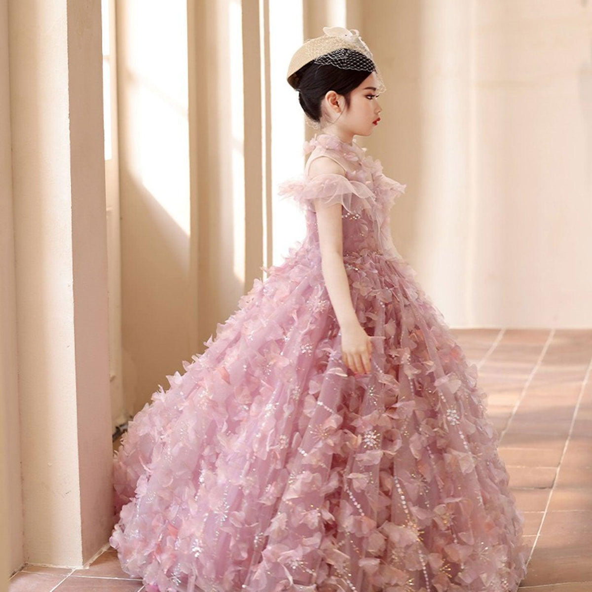 Jill Wish Luxury Pink Girl Dress with Flowers Kids Princess Birthday J094