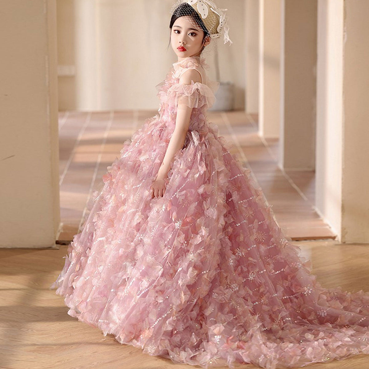 Jill Wish Luxury Pink Girl Dress with Flowers Kids Princess Birthday J094