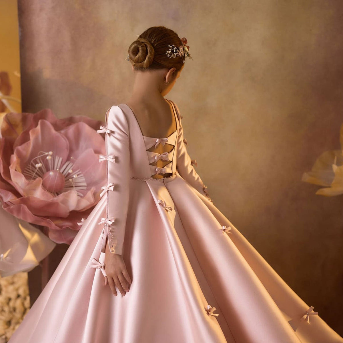 Jill Wish Luxury Pink Satin Girl Dresses Square Collar Long Sleeve J137