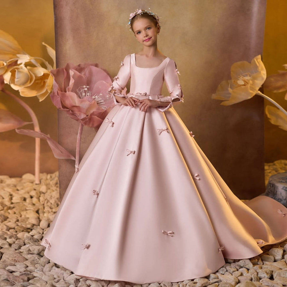 Jill Wish Luxury Pink Satin Girl Dresses Square Collar Long Sleeve J137