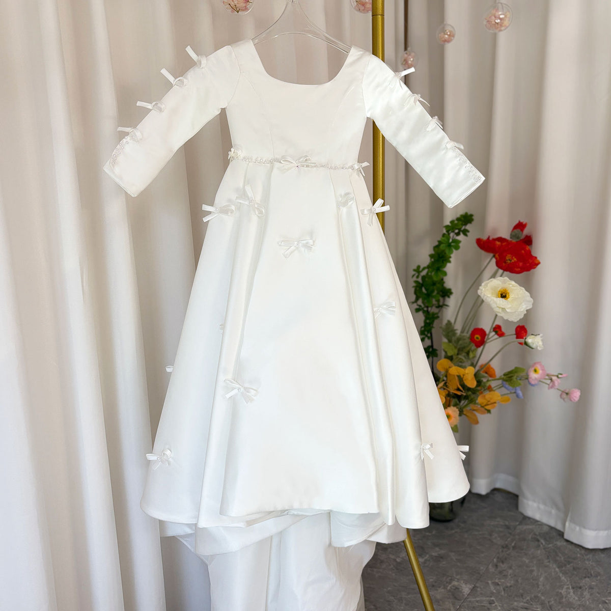 Jill Wish Luxury Pink Satin Girl Dresses Square Collar Long Sleeve J137
