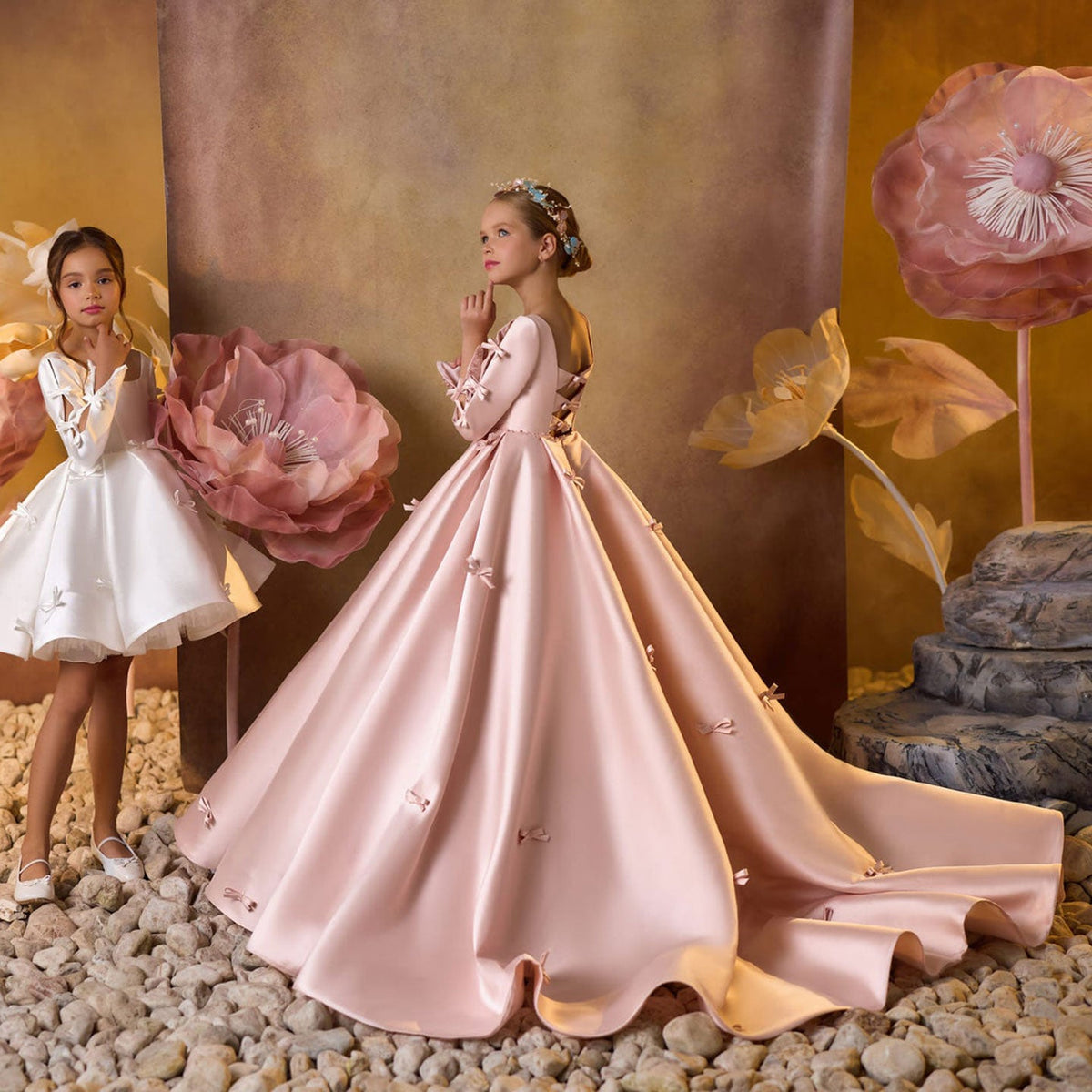 Jill Wish Luxury Pink Satin Girl Dresses Square Collar Long Sleeve J137