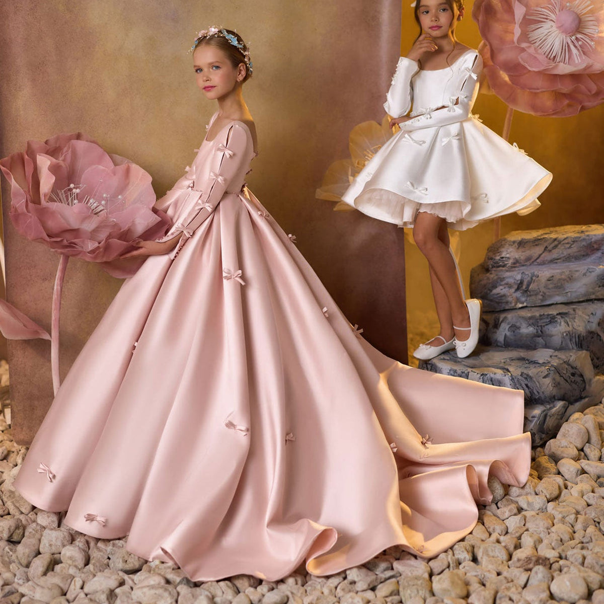 Jill Wish Luxury Pink Satin Girl Dresses Square Collar Long Sleeve J137