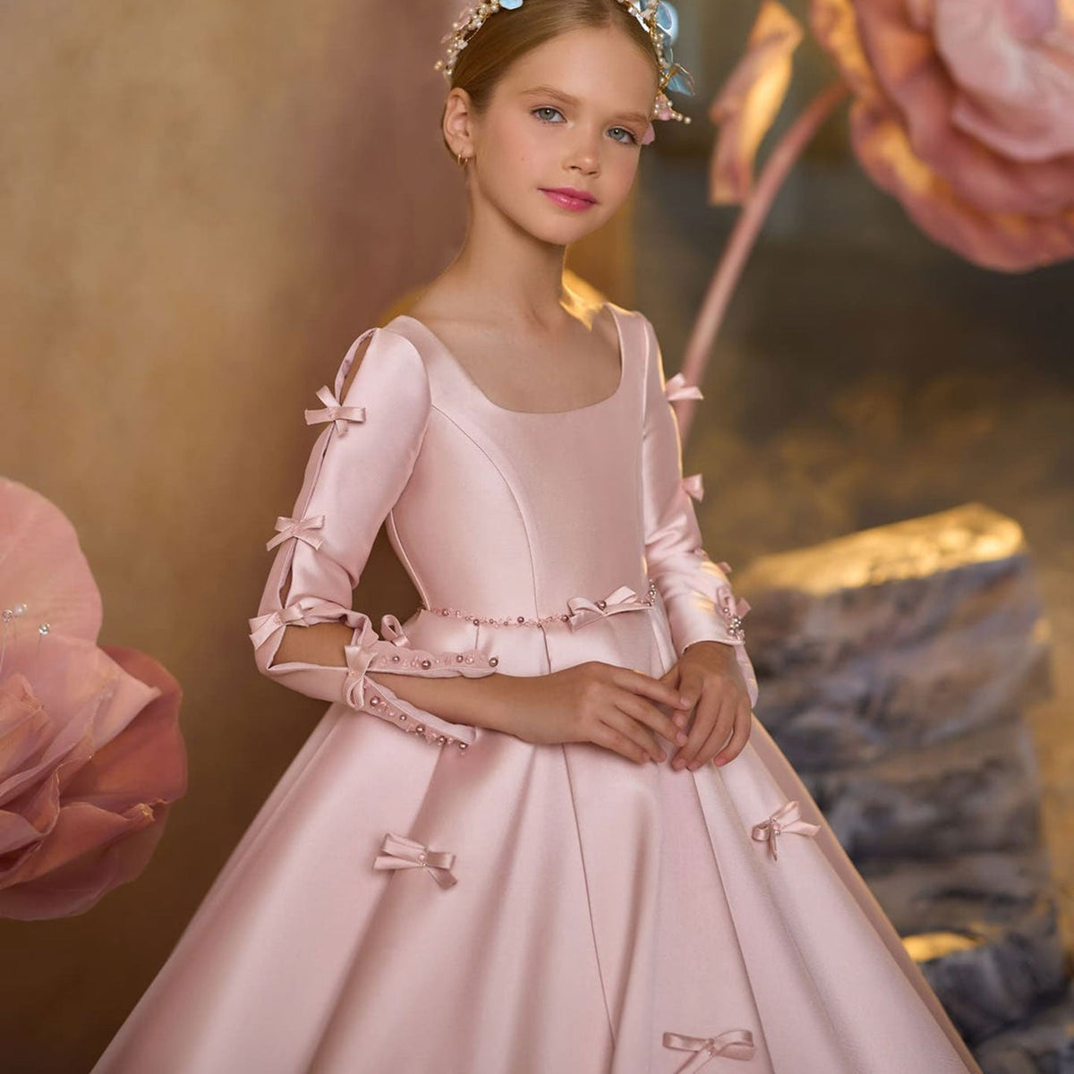 Jill Wish Luxury Pink Satin Girl Dresses Square Collar Long Sleeve J137