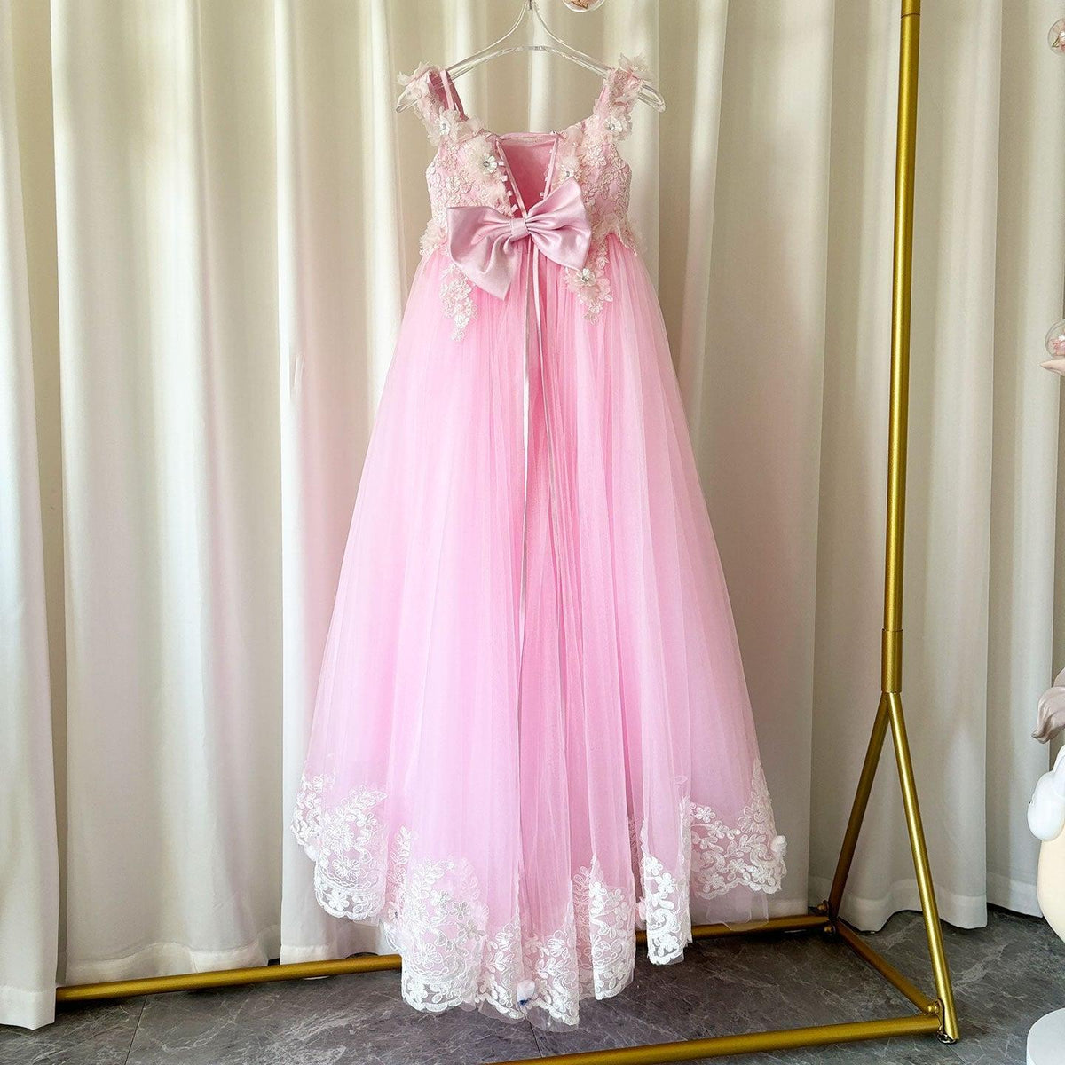 Jill Wish Luxury Pink Tulle Lace Girl Dress Sweep Train Ball Gown J178