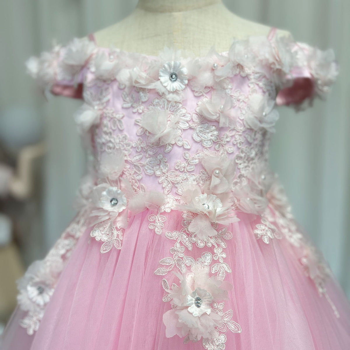 Jill Wish Luxury Pink Tulle Lace Girl Dress Sweep Train Ball Gown J178