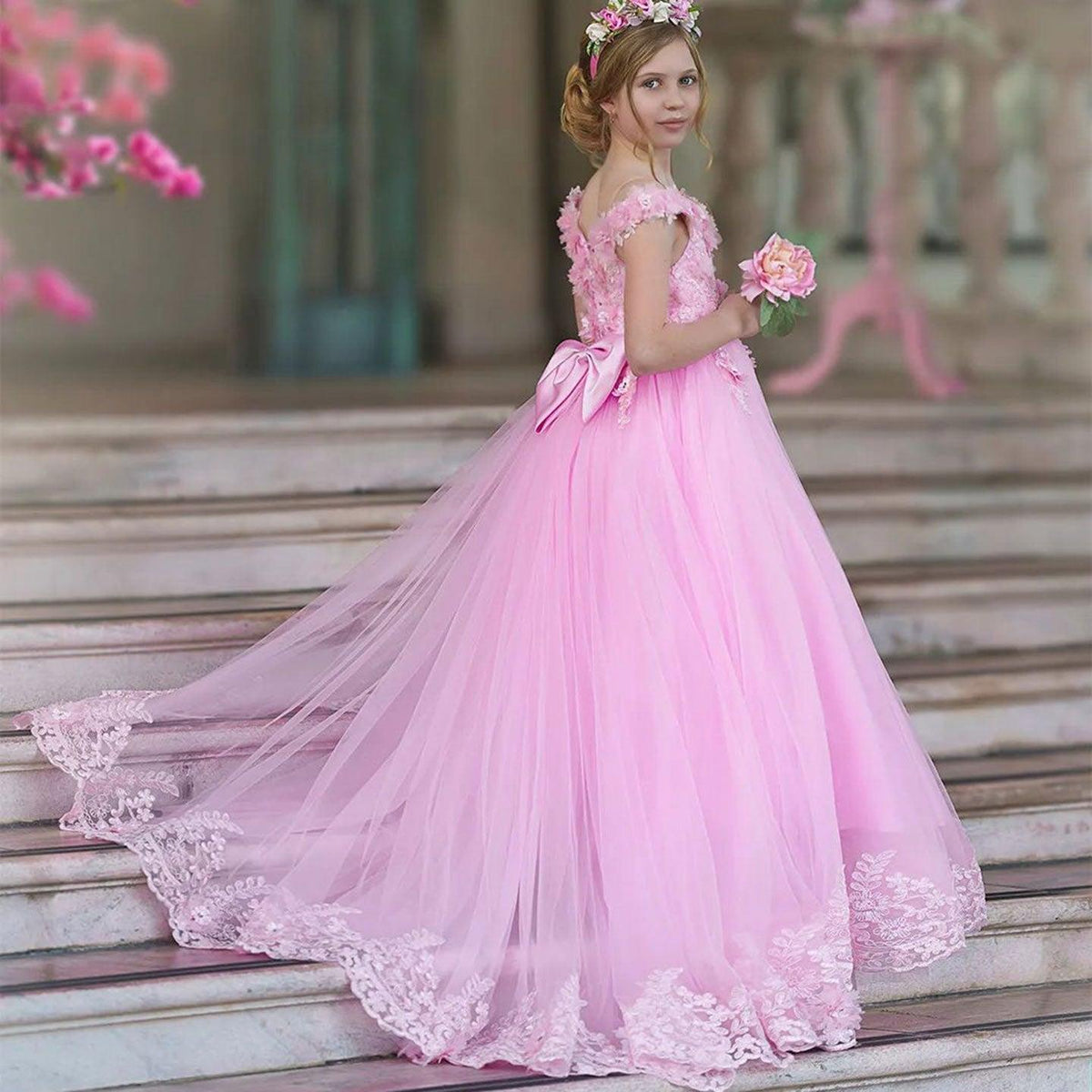 Jill Wish Luxury Pink Tulle Lace Girl Dress Sweep Train Ball Gown J178