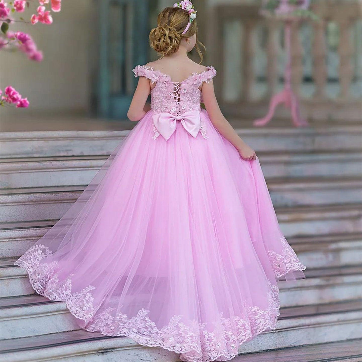 Jill Wish Luxury Pink Tulle Lace Girl Dress Sweep Train Ball Gown J178