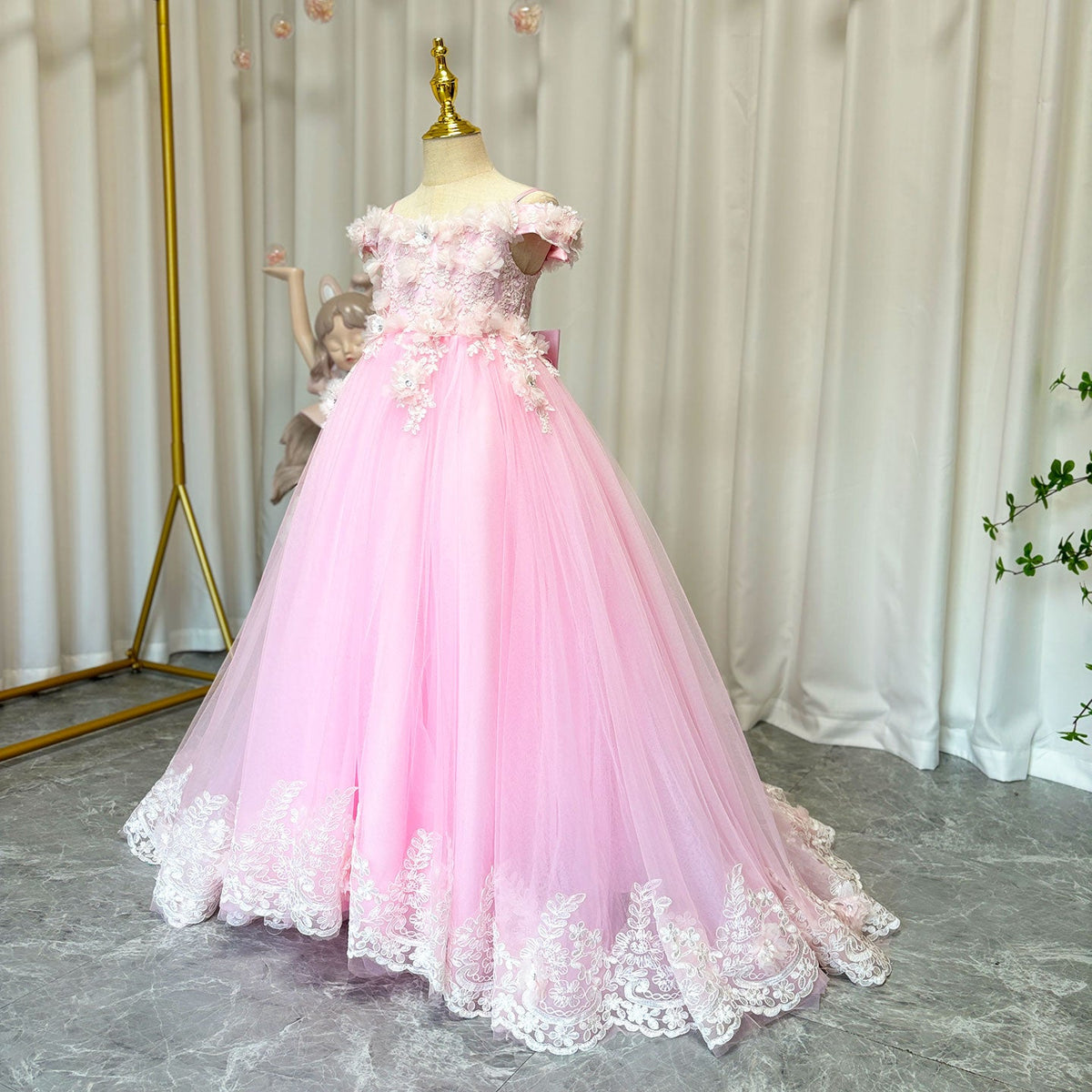 Jill Wish Luxury Pink Tulle Lace Girl Dress Sweep Train Ball Gown J178
