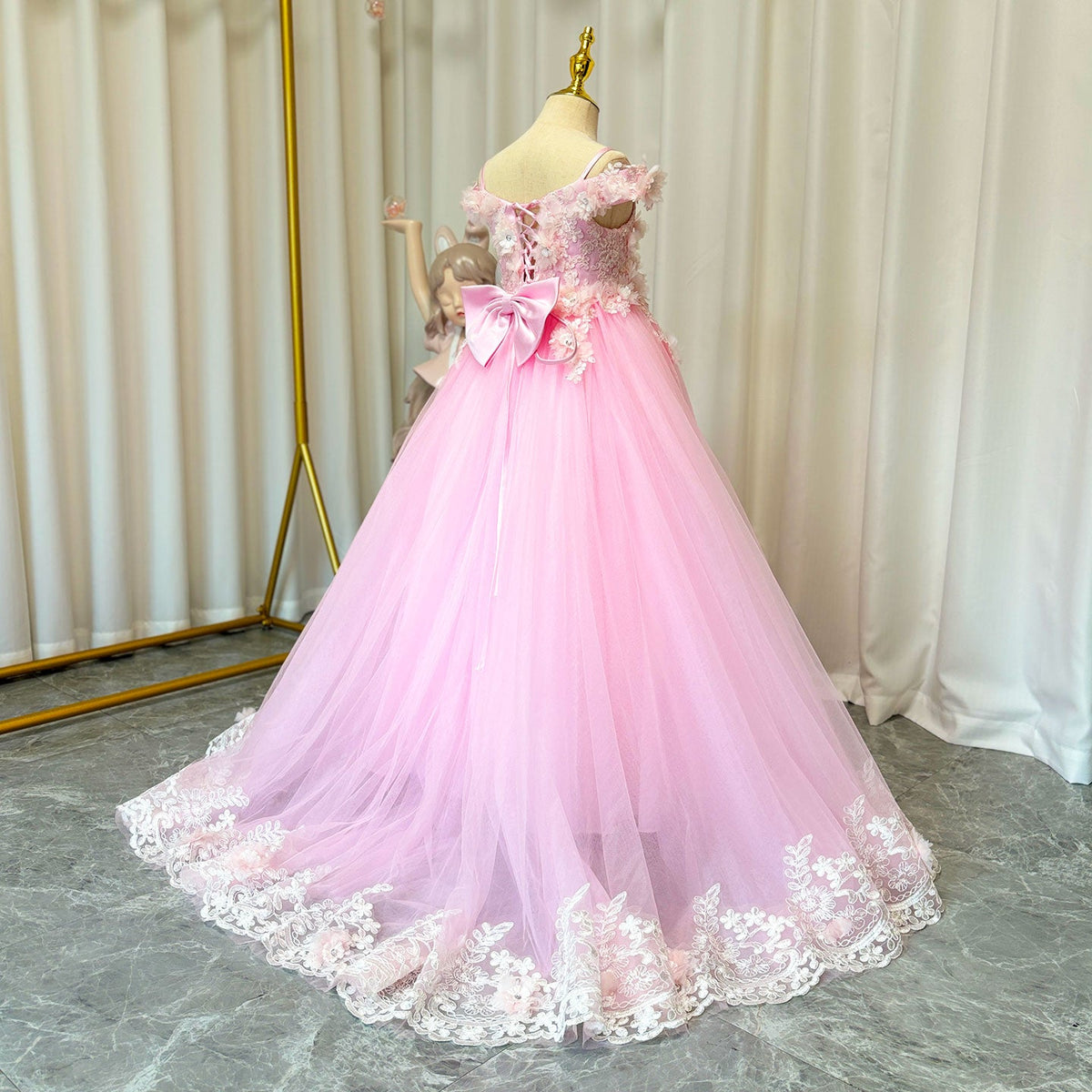 Jill Wish Luxury Pink Tulle Lace Girl Dress Sweep Train Ball Gown J178
