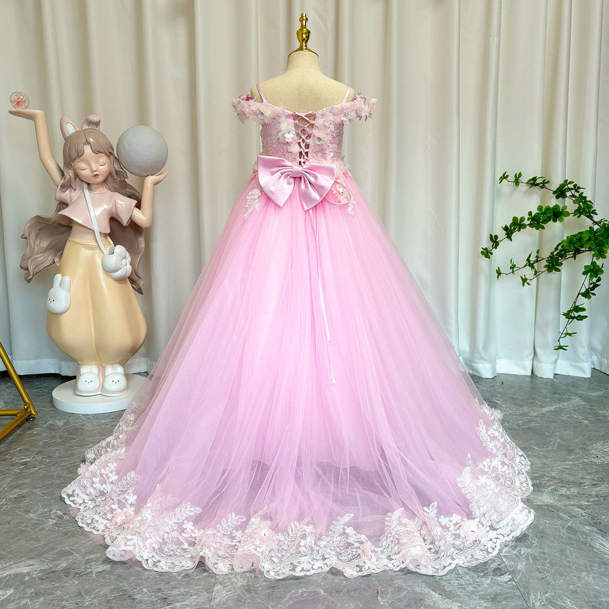 Jill Wish Luxury Pink Tulle Lace Girl Dress Sweep Train Ball Gown J178