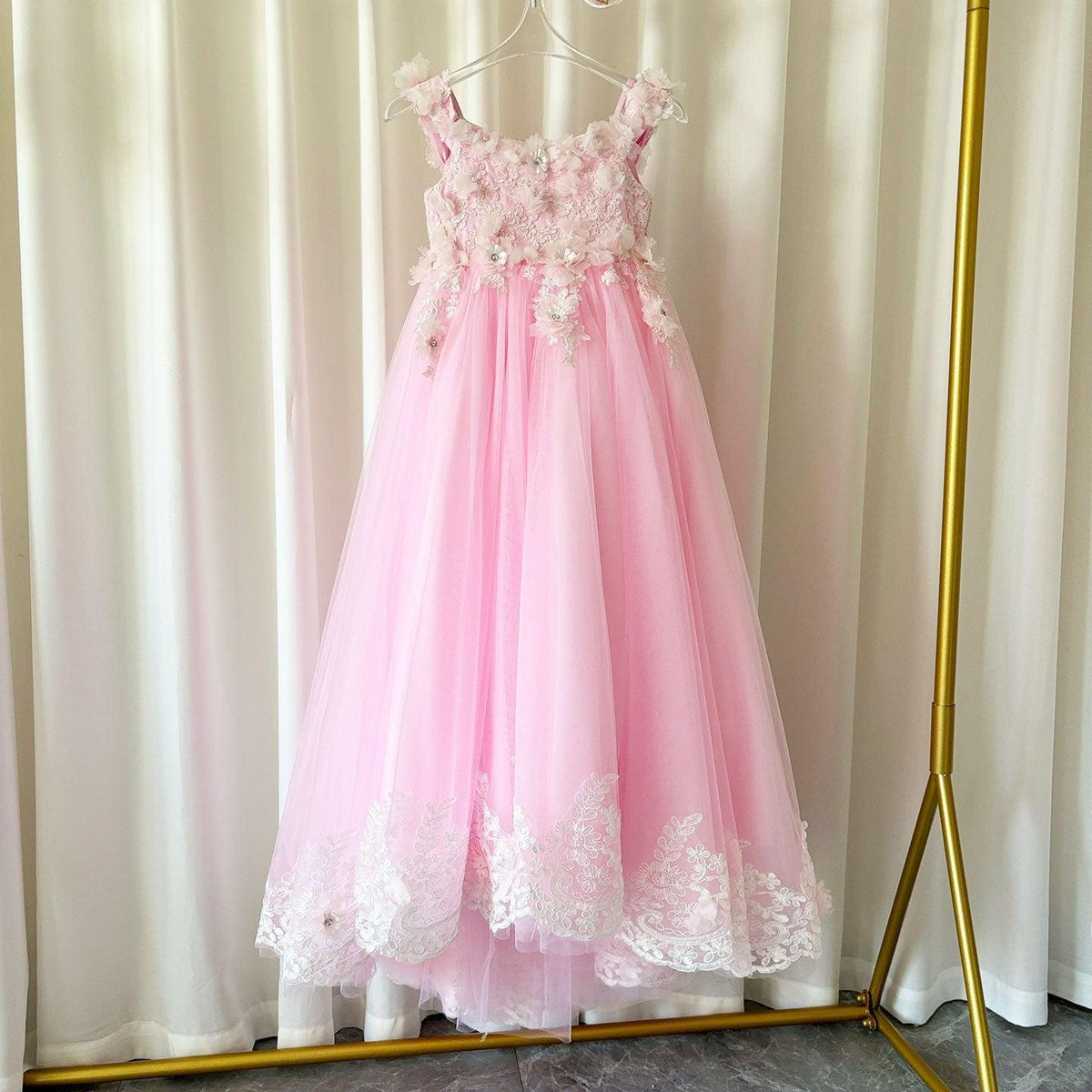 Jill Wish Luxury Pink Tulle Lace Girl Dress Sweep Train Ball Gown J178
