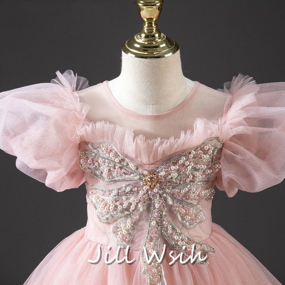 Jill Wish Luxury Princess Dusty Pink Girl Dress Dubai Tulle Pearls Beading J022