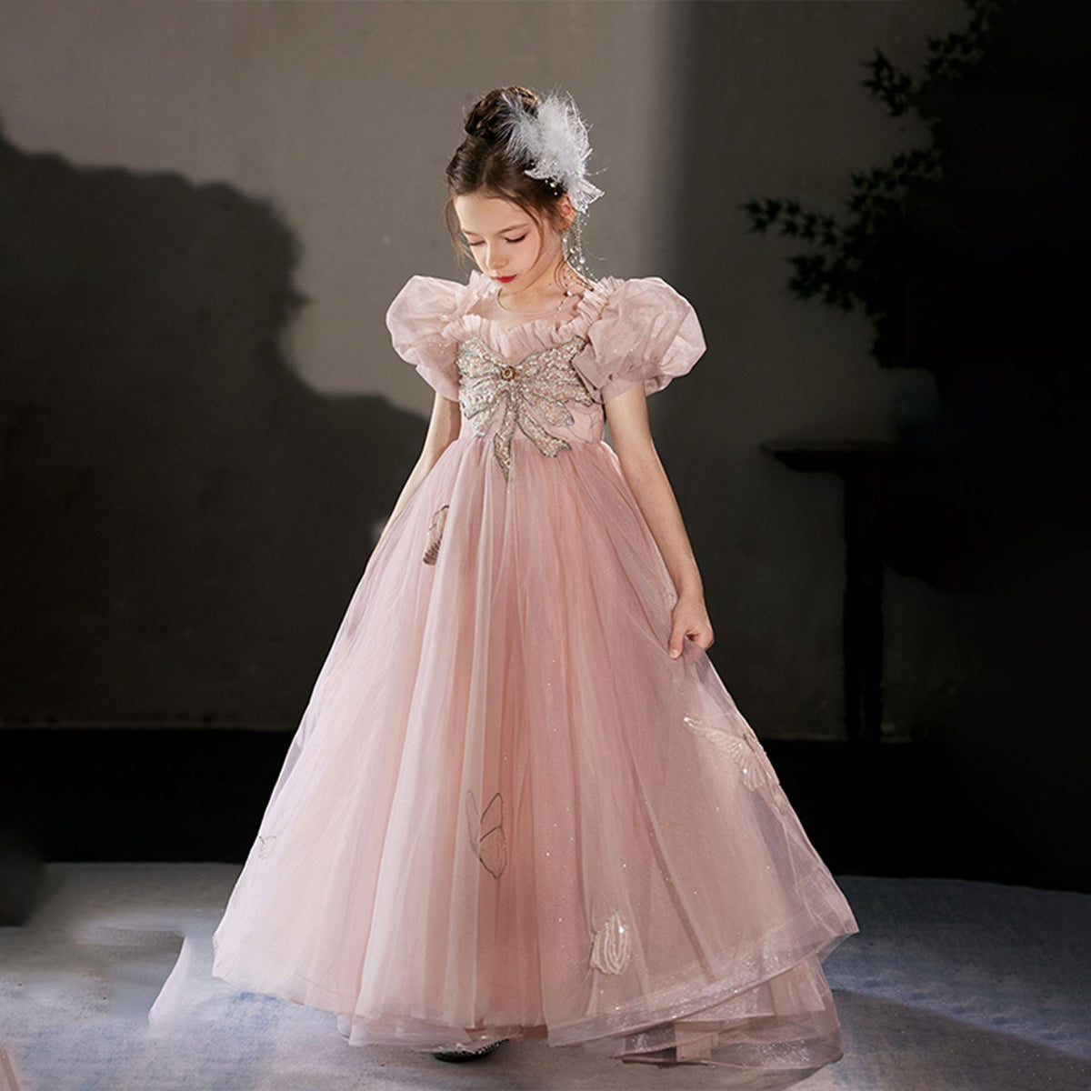 Jill Wish Luxury Princess Dusty Pink Girl Dress Dubai Tulle Pearls Beading J022