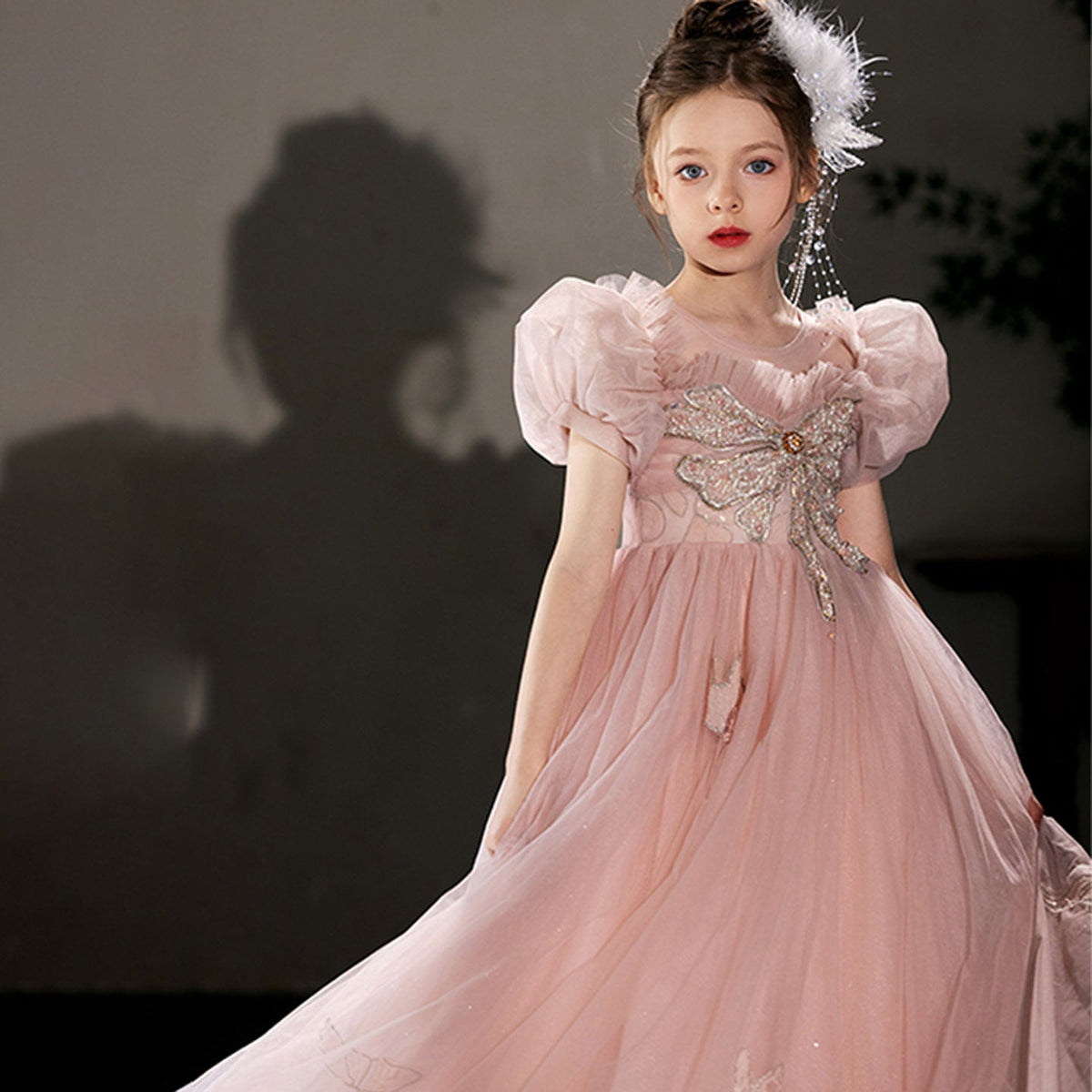 Jill Wish Luxury Princess Dusty Pink Girl Dress Dubai Tulle Pearls Beading J022