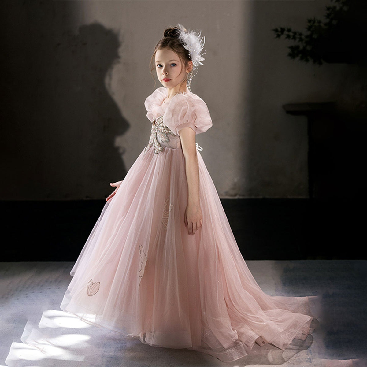 Jill Wish Luxury Princess Dusty Pink Girl Dress Dubai Tulle Pearls Beading J022