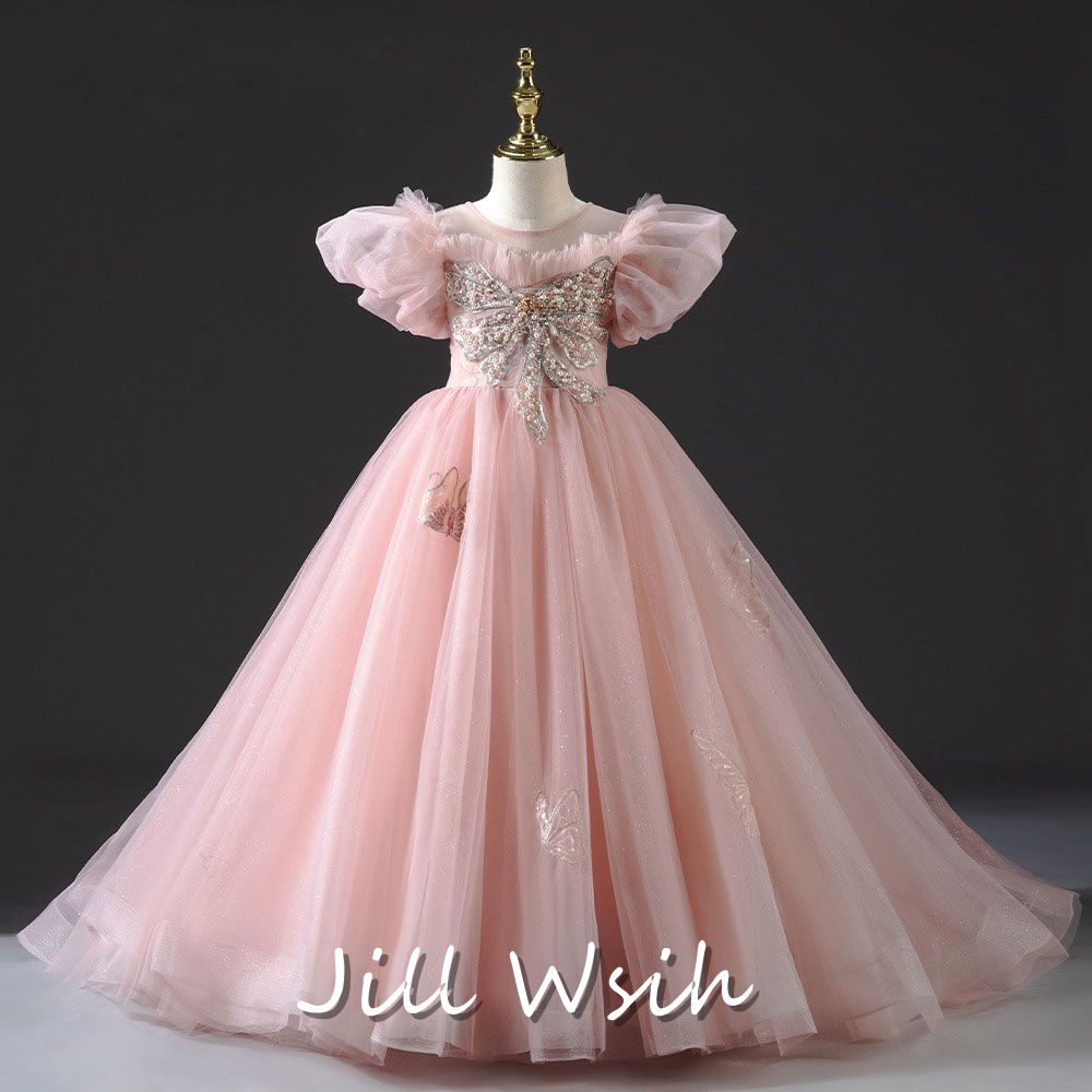 Jill Wish Luxury Princess Dusty Pink Girl Dress Dubai Tulle Pearls Beading J022