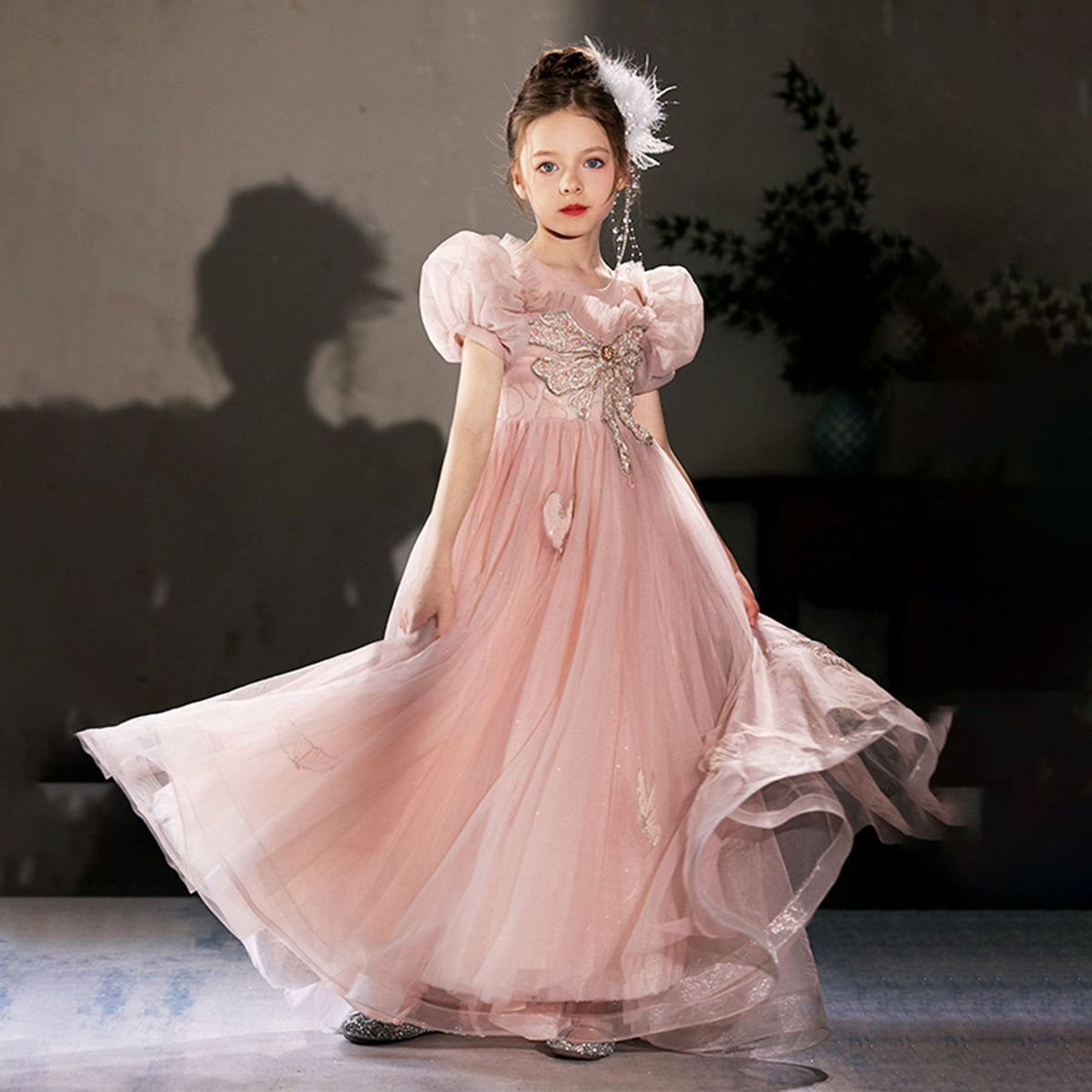 Jill Wish Luxury Princess Dusty Pink Girl Dress Dubai Tulle Pearls Beading J022