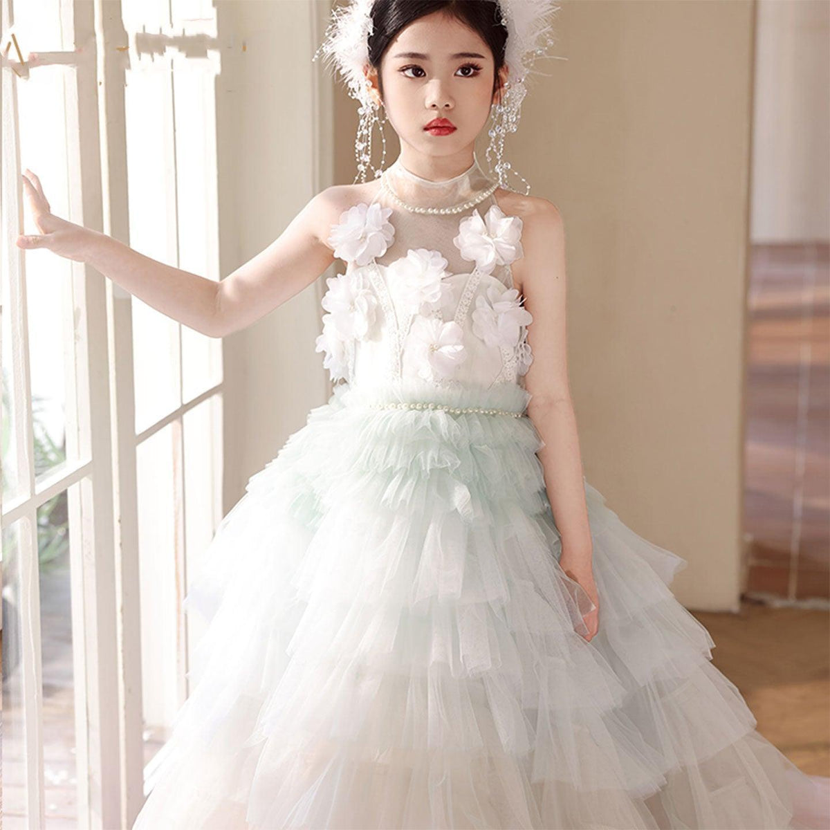 Jill Wish Luxury Sage Green Flower Girl Dresses Handmade Flower J074