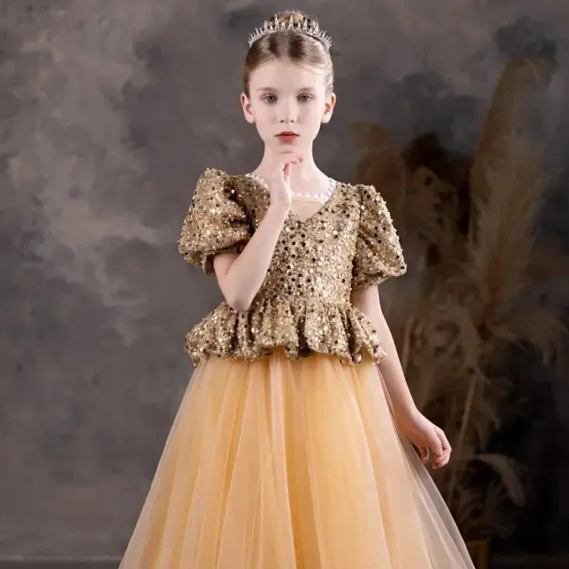 Jill Wish Luxury Shiny Champagne Flower Girl Dress Sequined Princess A-Line J131