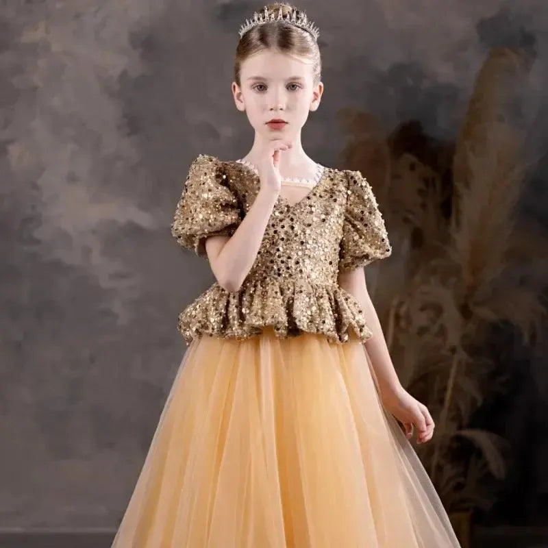 Jill Wish Luxury Shiny Champagne Flower Girl Dress Sequined Princess A-Line J131