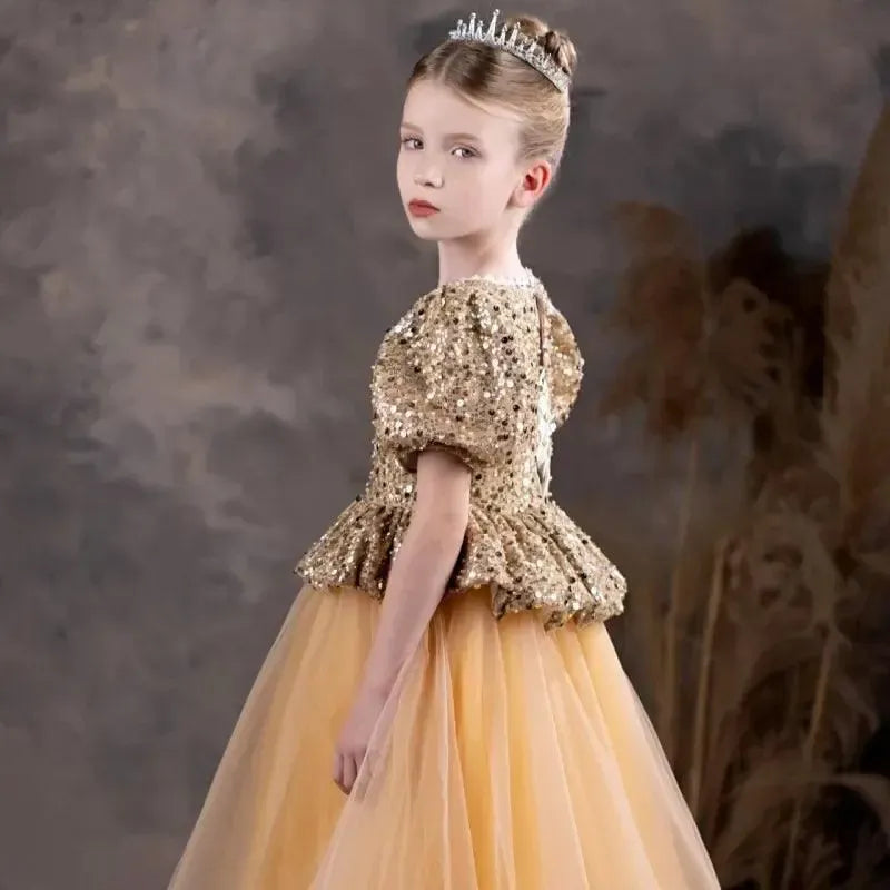 Jill Wish Luxury Shiny Champagne Flower Girl Dress Sequined Princess A-Line J131