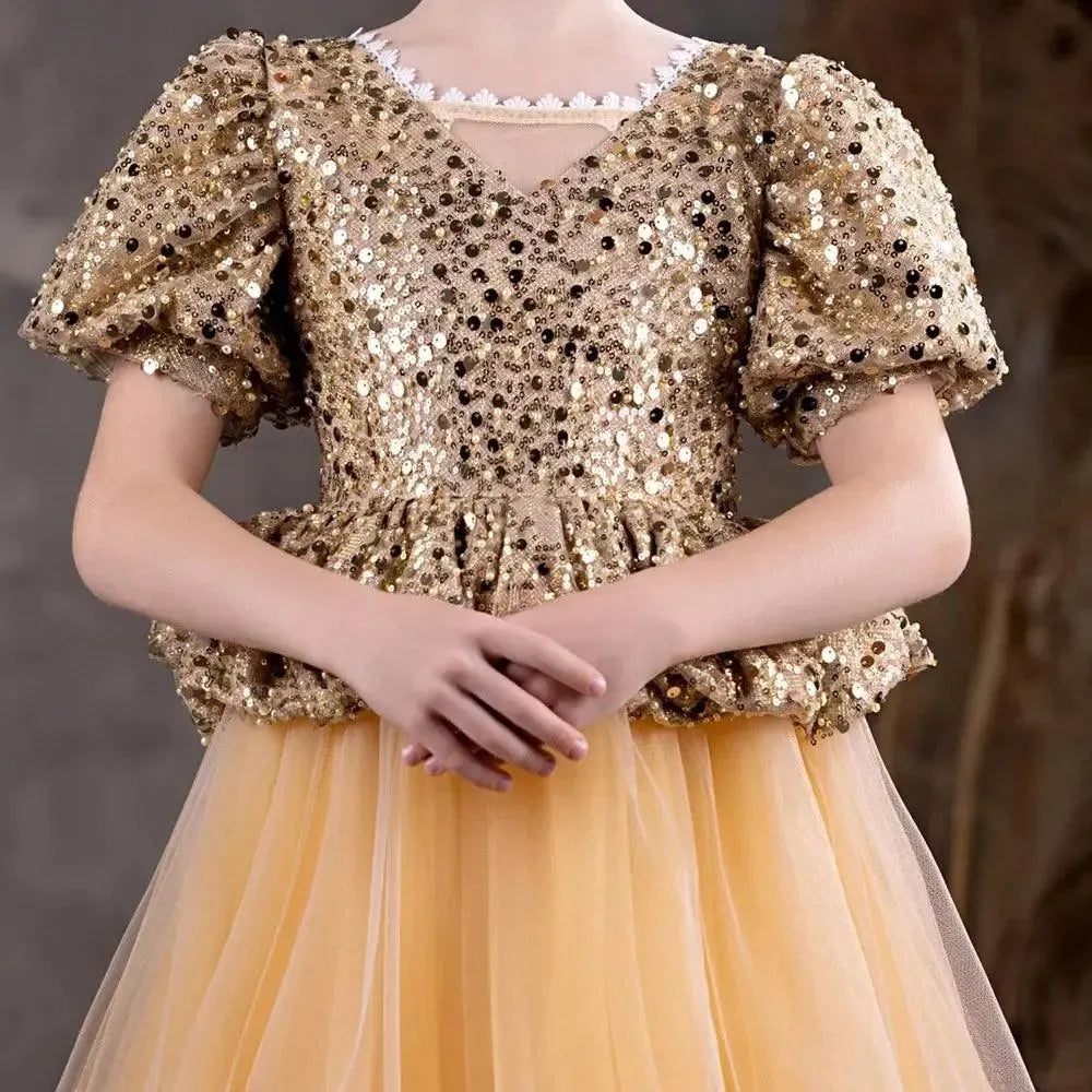 Jill Wish Luxury Shiny Champagne Flower Girl Dress Sequined Princess A-Line J131