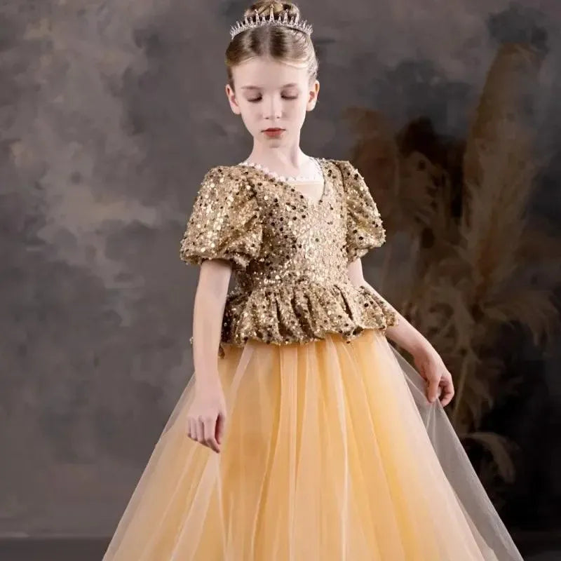 Jill Wish Luxury Shiny Champagne Flower Girl Dress Sequined Princess A-Line J131