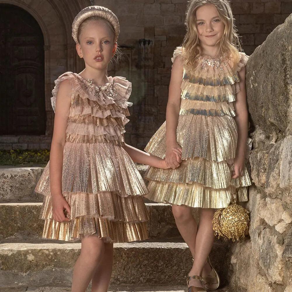 Jill Wish Luxury Shiny Gold A-Line Flower Girl Dresses for Kids J002