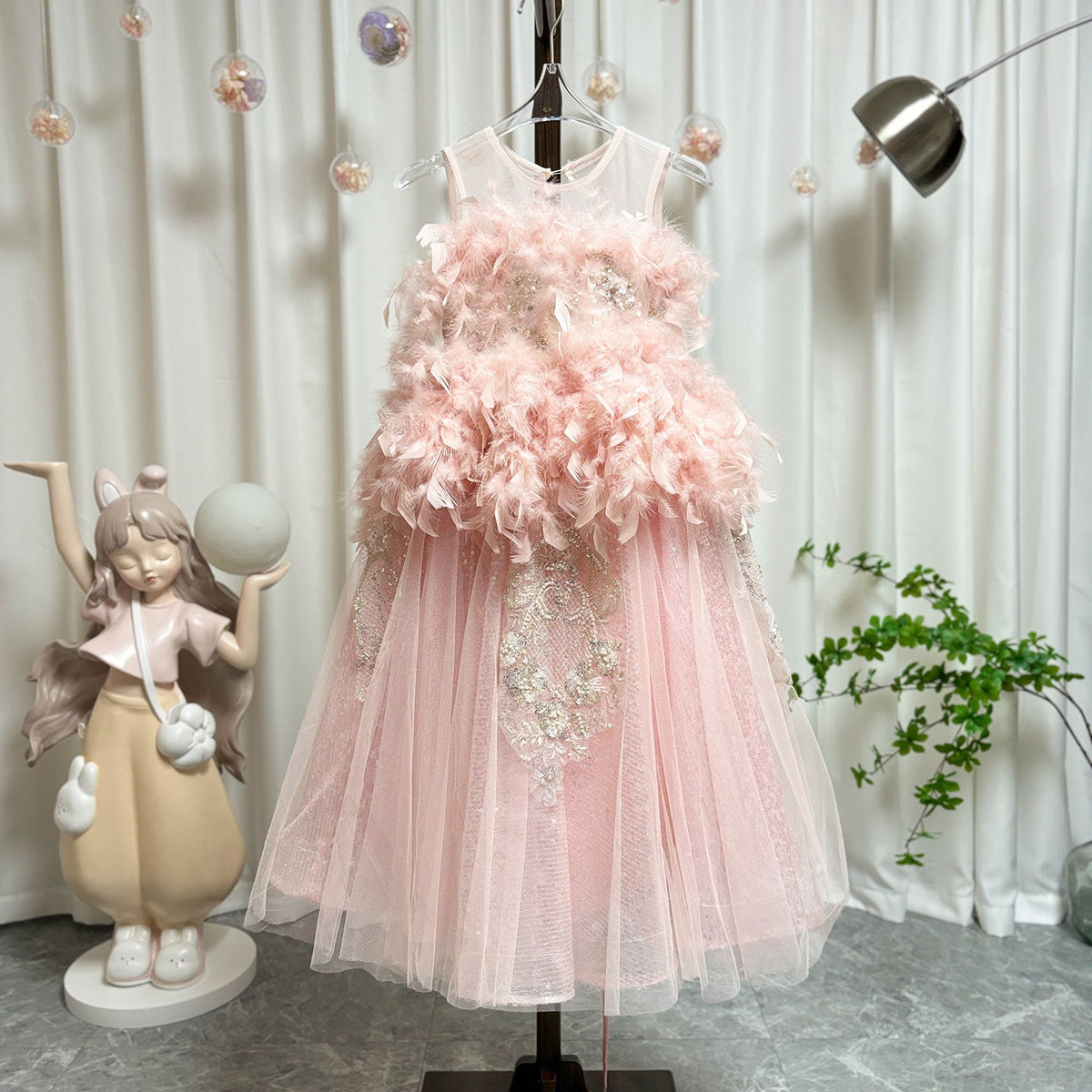 Jill Wish Luxury Shiny Pink Flower Girl Dresses Feather Beading Sequined Gowns J008