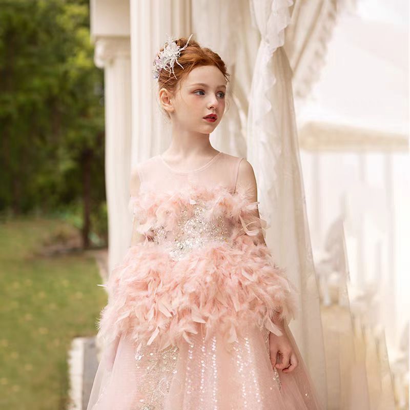 Jill Wish Luxury Shiny Pink Flower Girl Dresses Feather Beading Sequined Gowns J008