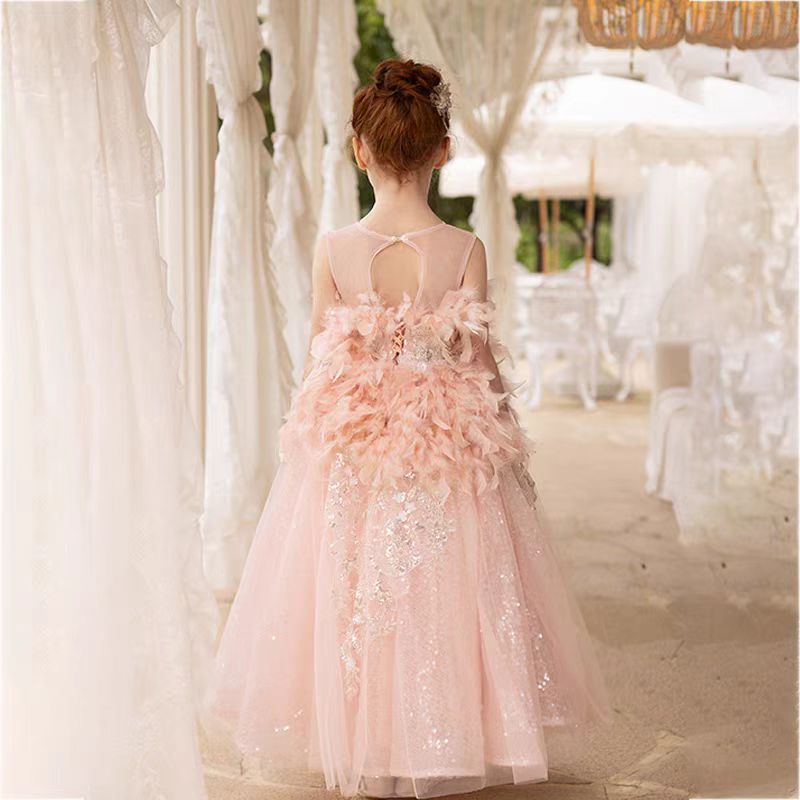 Jill Wish Luxury Shiny Pink Flower Girl Dresses Feather Beading Sequined Gowns J008