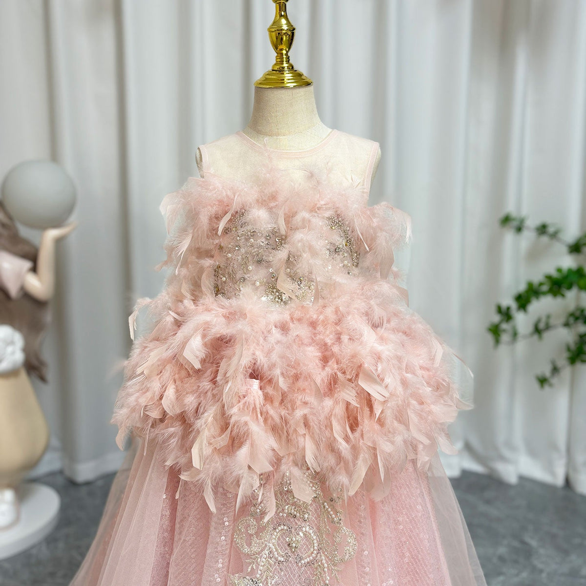 Jill Wish Luxury Shiny Pink Flower Girl Dresses Feather Beading Sequined Gowns J008