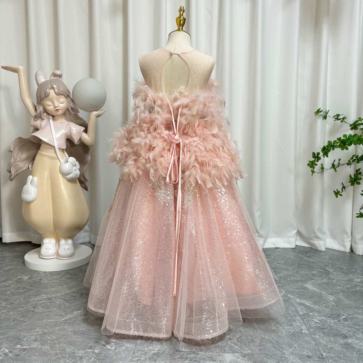 Jill Wish Luxury Shiny Pink Flower Girl Dresses Feather Beading Sequined Gowns J008