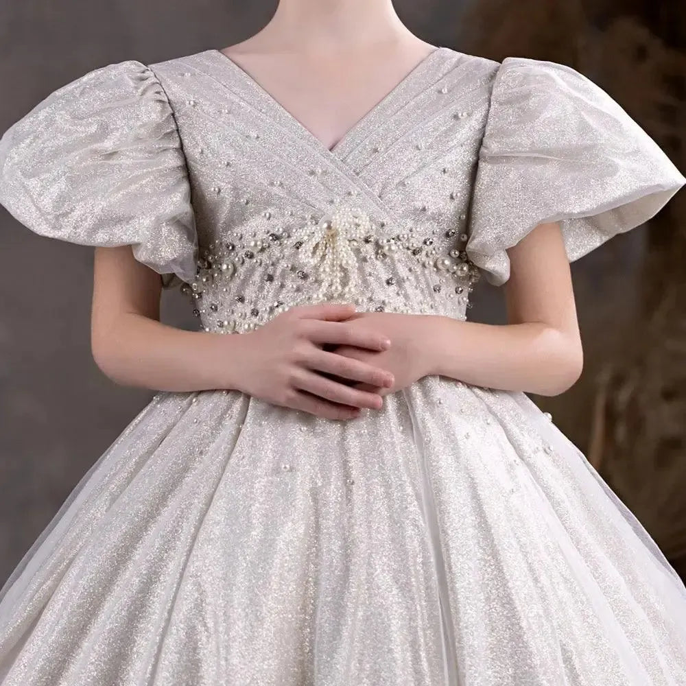 Jill Wish Luxury Silver Flower Girl Dresses Beading Pearls J033